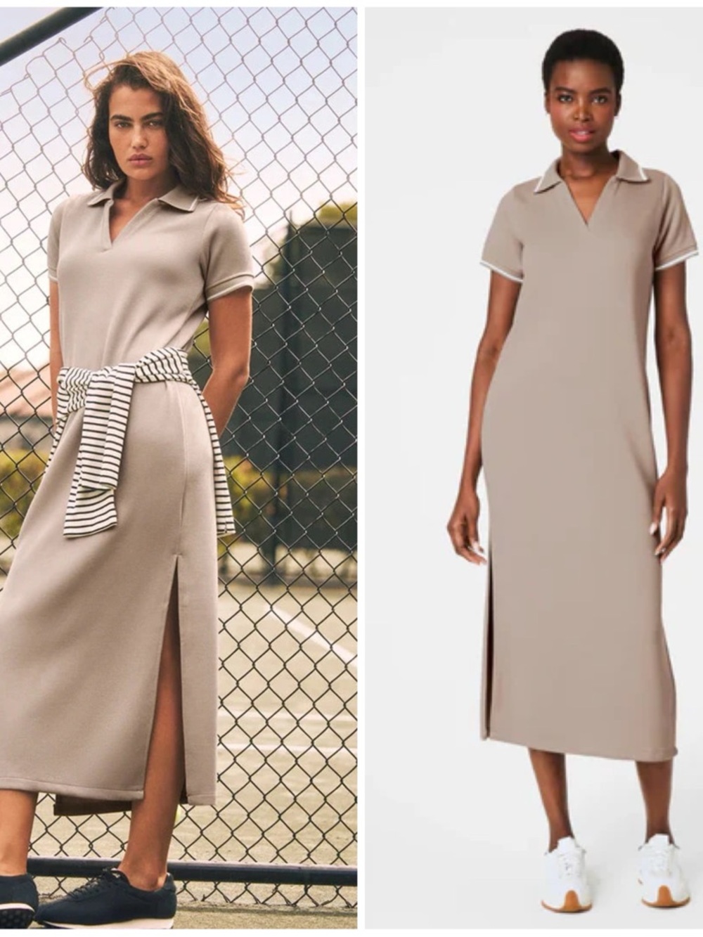 SPANX Airpique Short Sleeve Polo Midi Dress Size Medium Ashwood Tan